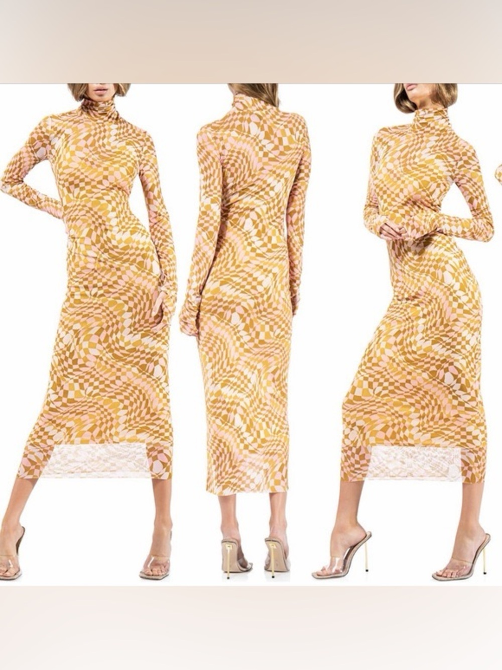 AFRM Shailene Mesh Midi Dress Sheer Abstract Print Mock Neck Checkboard Size S